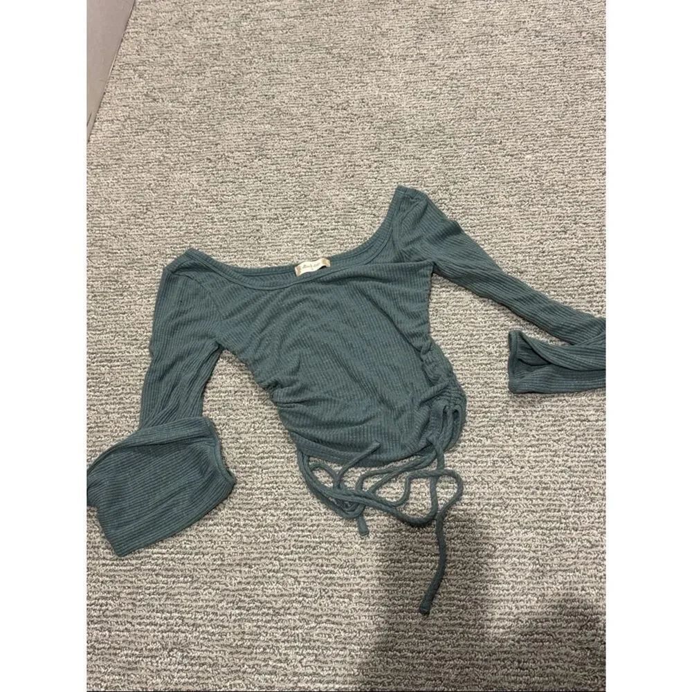 Altar'd State Teal Ribbed Off-Shoulder Tie Waist Top